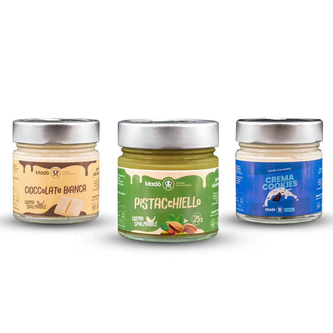 Non sto a dieta - Box 3 gusti: Cioccolata Bianca + Cookies + Pistacchiello 25% - Madò Creme