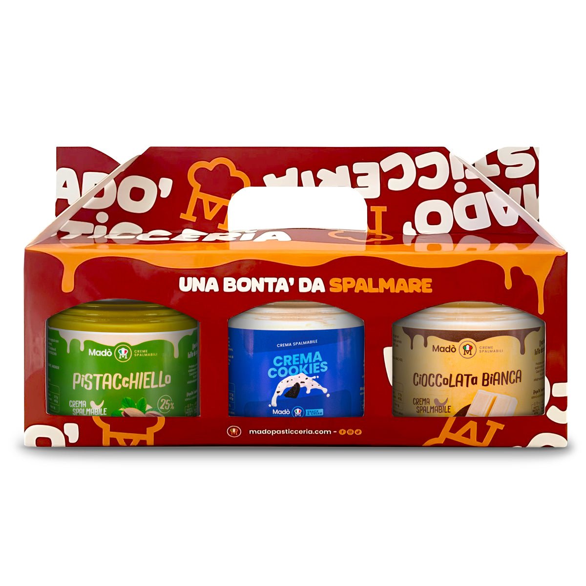 Non sto a dieta - Box 3 gusti: Cioccolata Bianca + Cookies + Pistacchiello 25% - Madò Creme