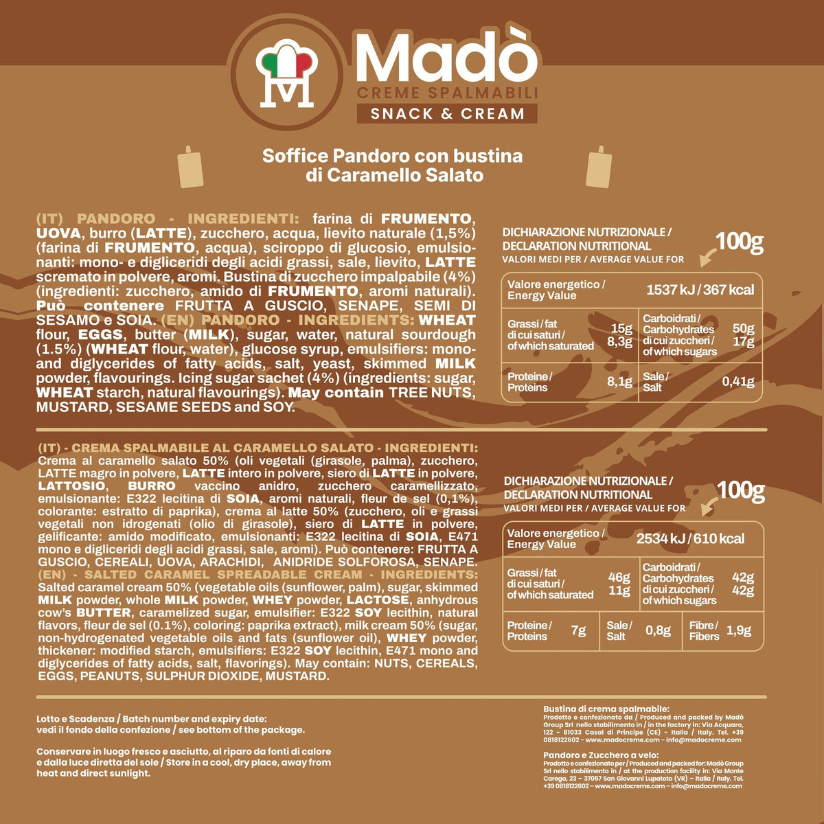 Pandoro Classico Madò con Bustina di Crema al Caramello Salato - Madò Creme