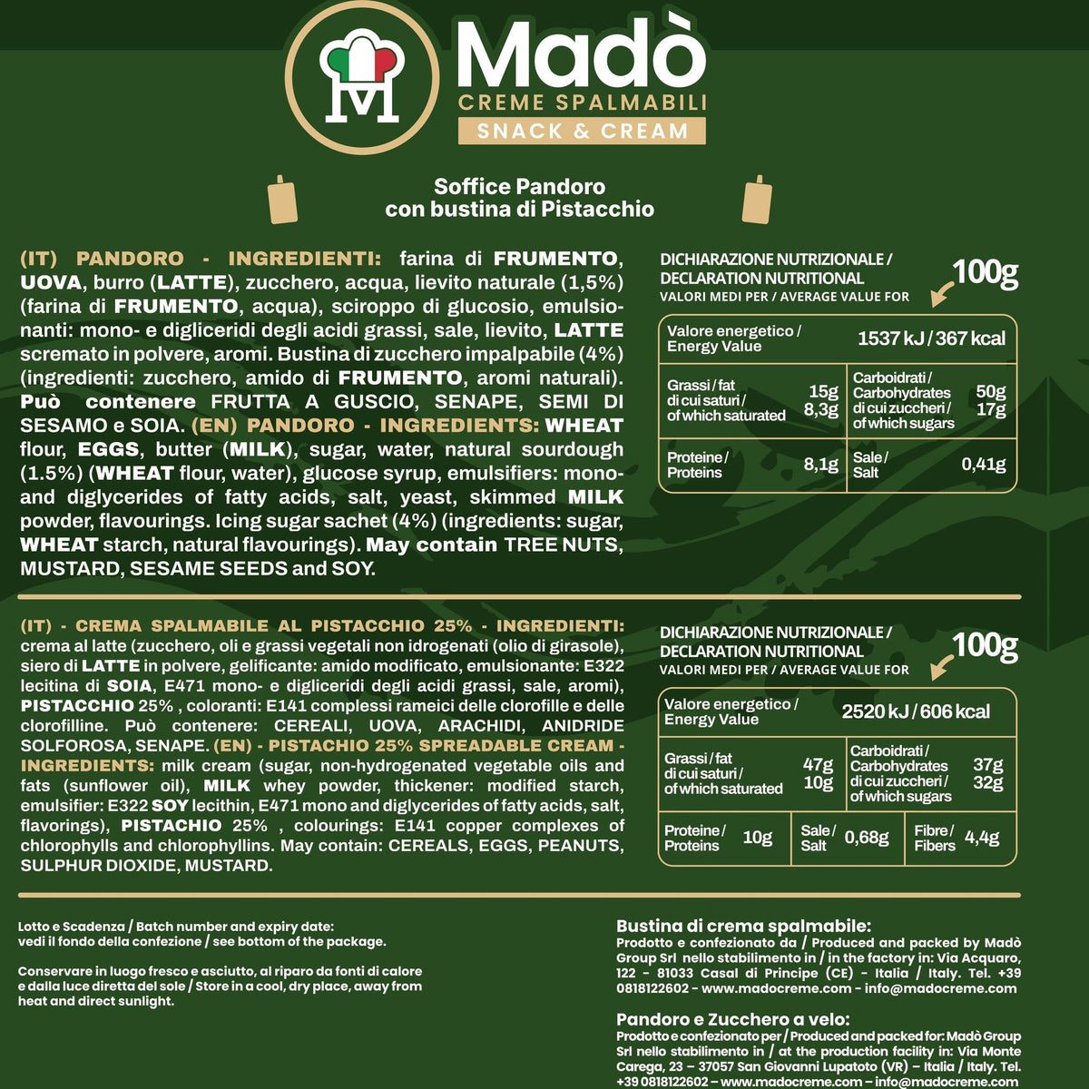 Pandoro Classico Madò con Bustina di Crema al Pistacchio - Madò Creme
