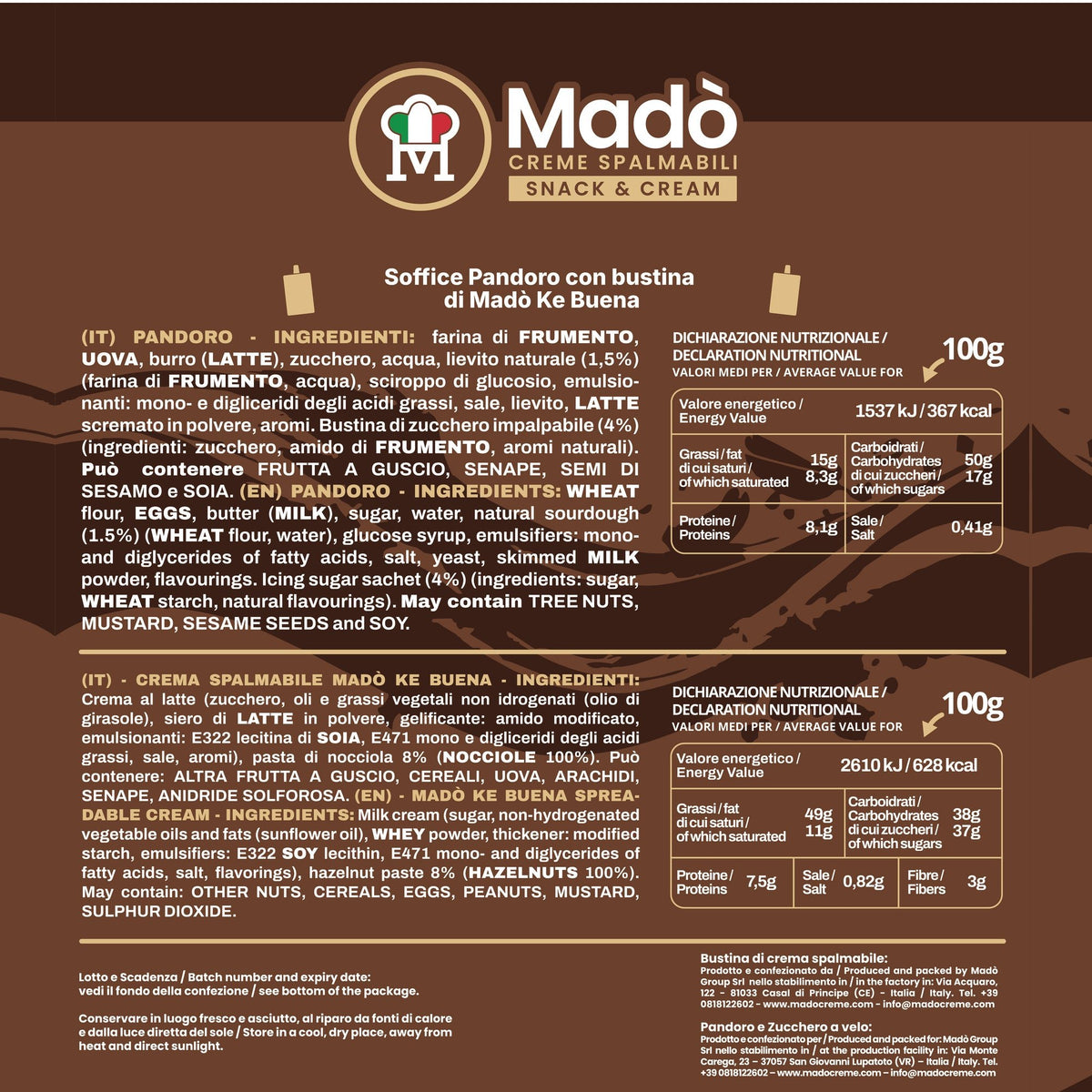 Pandoro Classico Madò con Bustina di Crema Ke Buena - Madò Creme